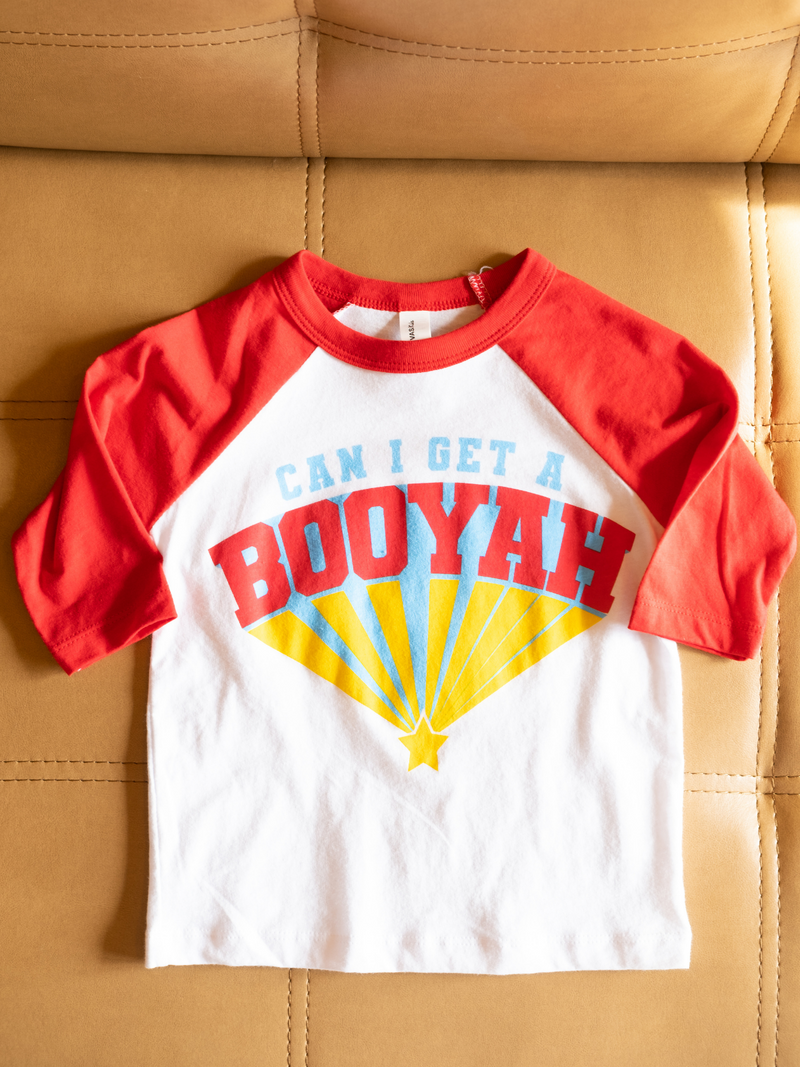 Can I Get a Booyah | Raglan Baseball Tee | White / Red-3/4 Sleeve-Ambitious Kids