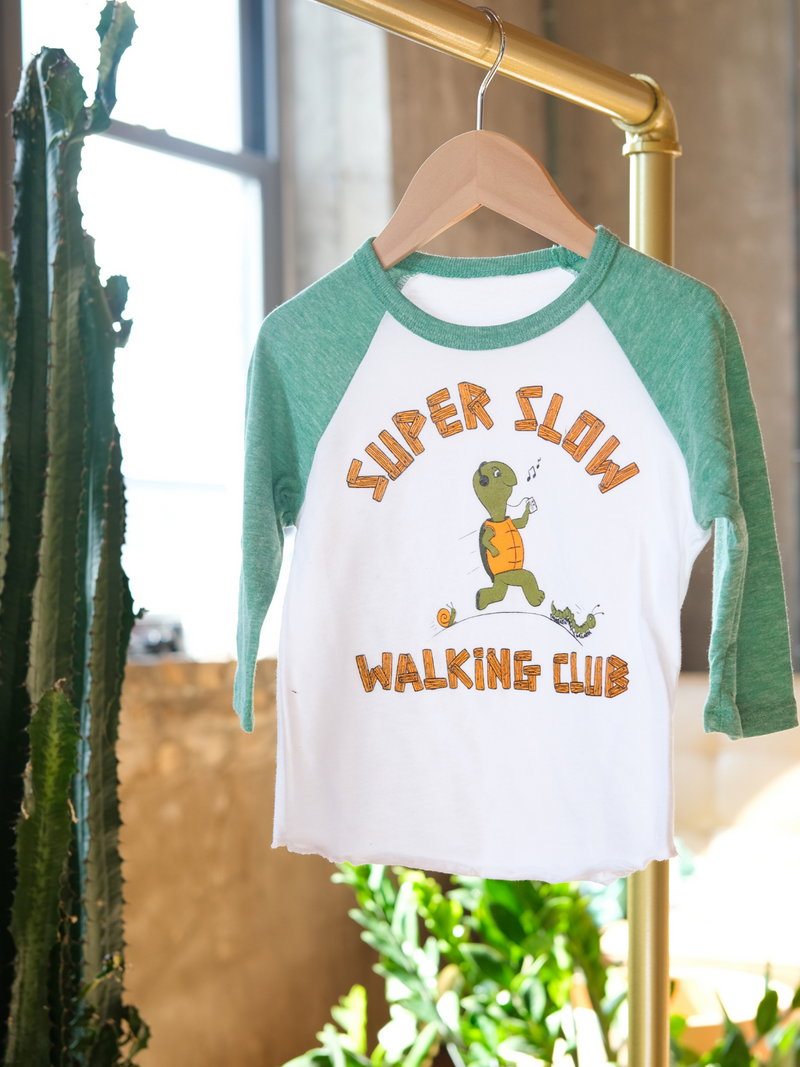 Super Slow Walking Club | Raglan Baseball Tee | Sizes 2T - YL (NEW!)-3/4 Sleeve-Ambitious Kids
