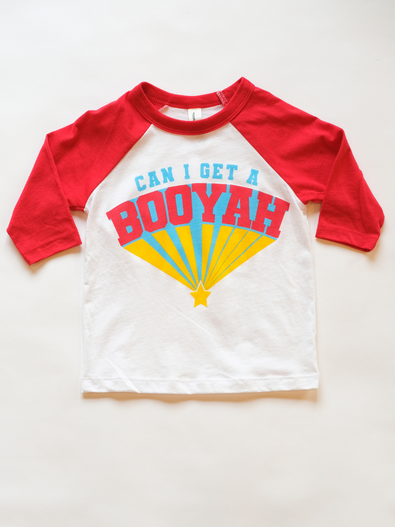 Can I Get a Booyah | Raglan Baseball Tee | White / Red-3/4 Sleeve-Ambitious Kids